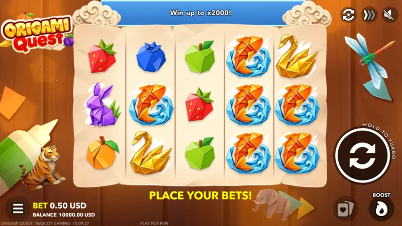 Origami Quest - Schermata di gioco con pannello scommesse e pulsante Boost